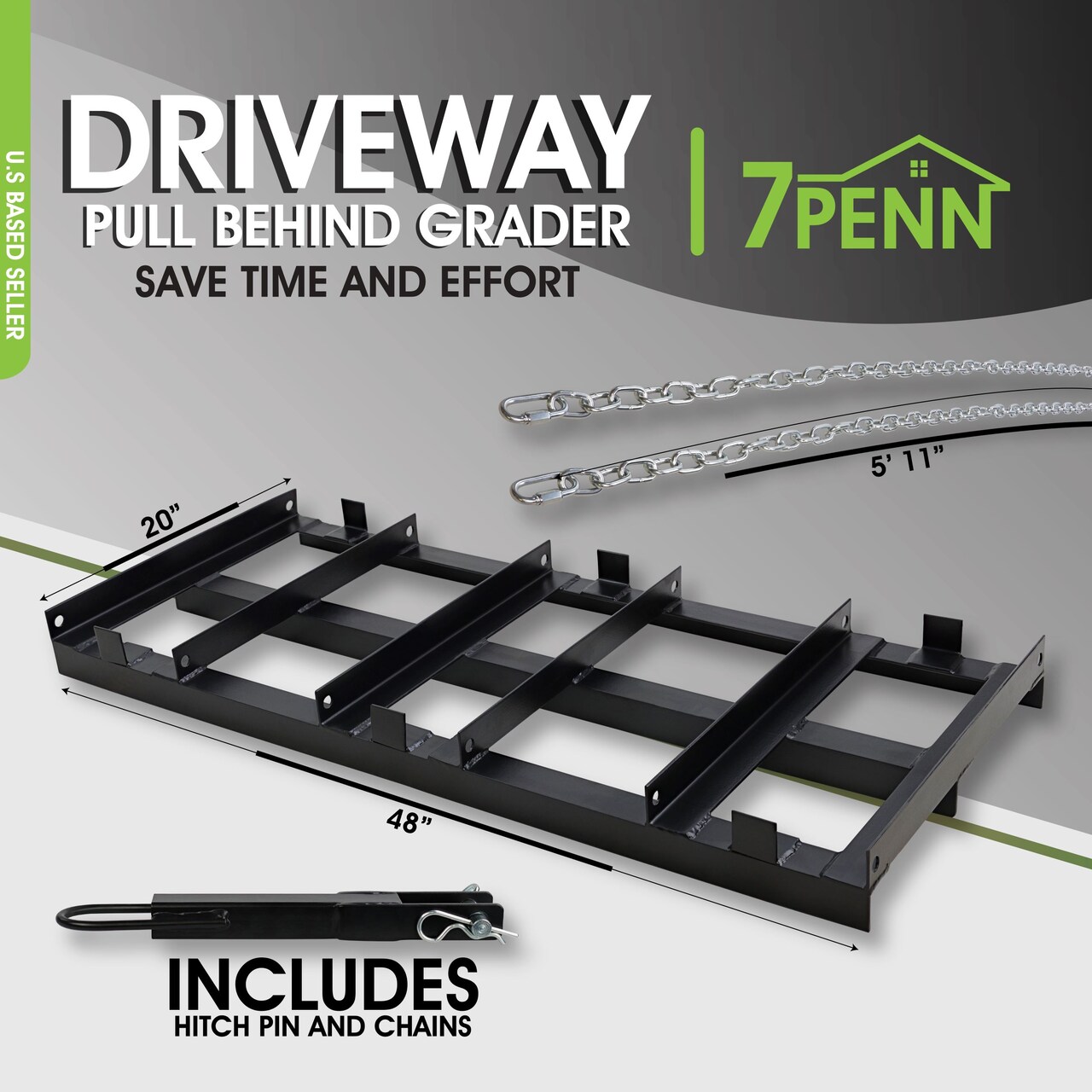 7Penn Driveway Drag Grader - 4ft Lawn Tractor Rake Attachment for Yard Leveling